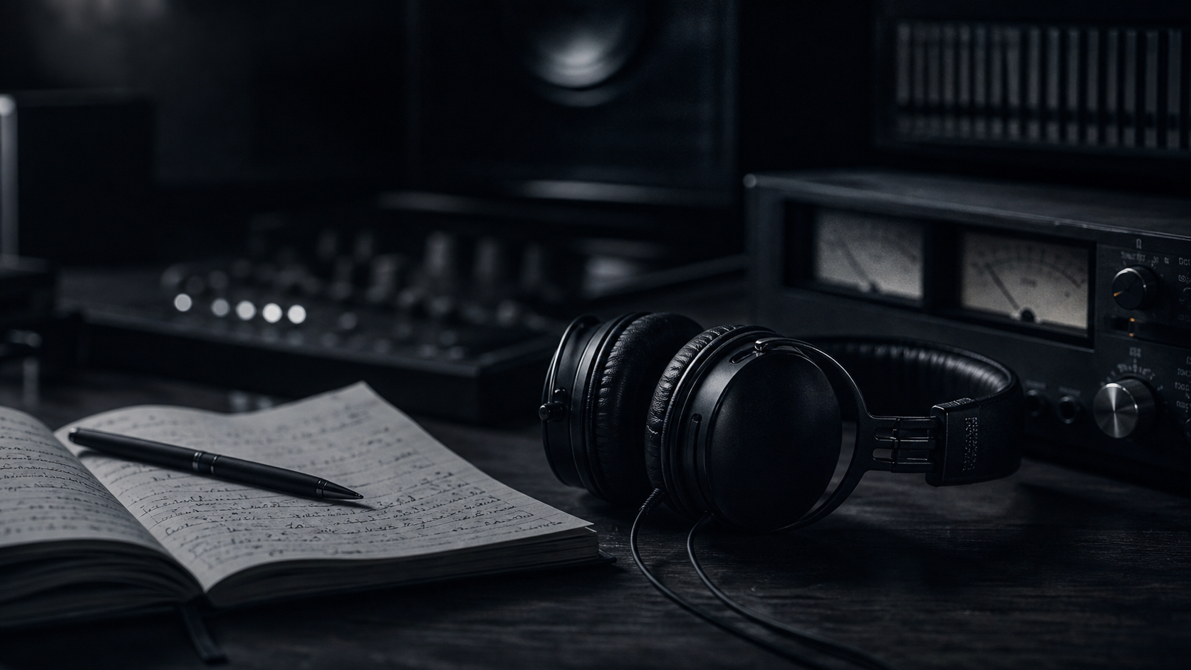 Headphones beside a notebook and studio gear